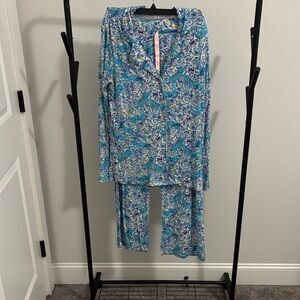 Lilly Pulitzer Sea Monkey Teal, Blue & White Floral Button-Front Pajama Set